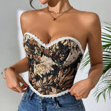 1pc Retro Palace Floral Bandeau Lace-up French Niche Boned Corset Top