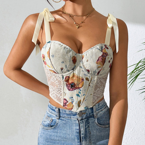 French Floral Retro Print Contrast Color Slim Camisole