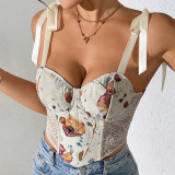 French Floral Retro Print Contrast Color Slim Camisole