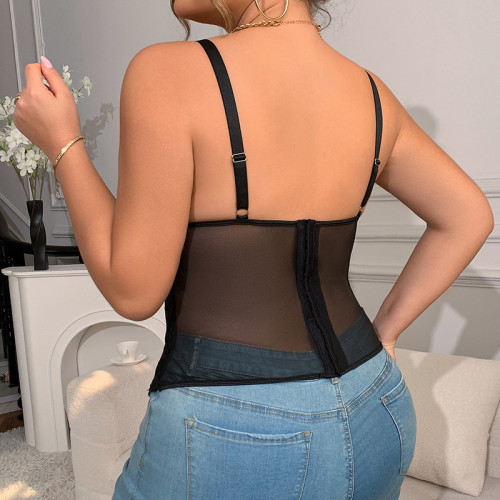 1pc French Court Lace Trim Bustier Top Plus Size Lace-Up Corset