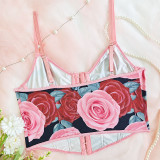 Women Flower Print Bustier Sleeveless Tops Low-cut Backless Slim Fit Vest