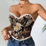 1pc Retro Palace Floral Bandeau Lace-up French Niche Boned Corset Top