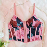 Women Flower Print Bustier Sleeveless Tops Low-cut Backless Slim Fit Vest