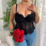 1pc French Court Lace Trim Bustier Top Plus Size Lace-Up Corset