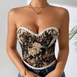 1pc Retro Palace Floral Bandeau Lace-up French Niche Boned Corset Top