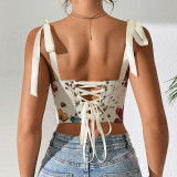 French Floral Retro Print Contrast Color Slim Camisole