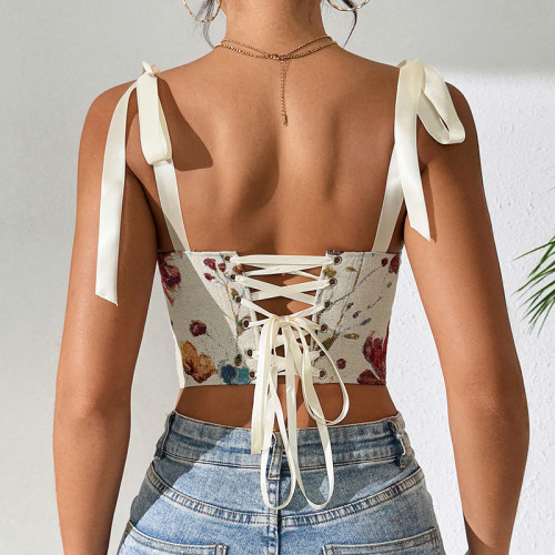 French Floral Retro Print Contrast Color Slim Camisole