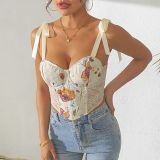 French Floral Retro Print Contrast Color Slim Camisole