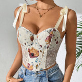 French Floral Retro Print Contrast Color Slim Camisole