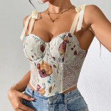 French Floral Retro Print Contrast Color Slim Camisole