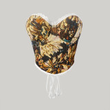 1pc Retro Palace Floral Bandeau Lace-up French Niche Boned Corset Top
