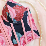 Women Flower Print Bustier Sleeveless Tops Low-cut Backless Slim Fit Vest