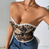 1pc Retro Palace Floral Bandeau Lace-up French Niche Boned Corset Top