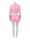 Women's Clothing Long Sleeve Lapel Striped Shirt Stitching Shorts Two-piece