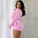 Women's Clothing Long Sleeve Lapel Striped Shirt Stitching Shorts Two-piece