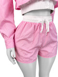 Women's Clothing Long Sleeve Lapel Striped Shirt Stitching Shorts Two-piece