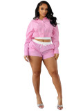 Women's Clothing Long Sleeve Lapel Striped Shirt Stitching Shorts Two-piece