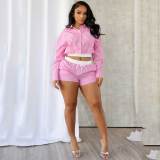 Women's Clothing Long Sleeve Lapel Striped Shirt Stitching Shorts Two-piece
