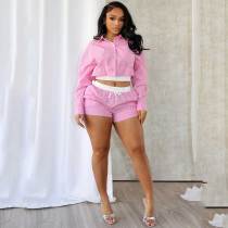 Women's Clothing Long Sleeve Lapel Striped Shirt Stitching Shorts Two-piece