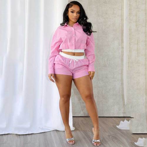 Women's Clothing Long Sleeve Lapel Striped Shirt Stitching Shorts Two-piece