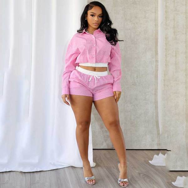 Women's Clothing Long Sleeve Lapel Striped Shirt Stitching Shorts Two-piece