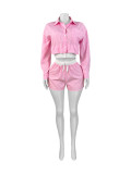 Women's Clothing Long Sleeve Lapel Striped Shirt Stitching Shorts Two-piece