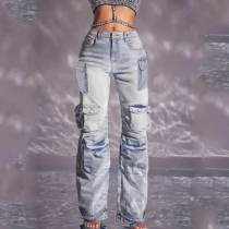Casual Multi-pocket Patchwork Trousers Cargo Jeans