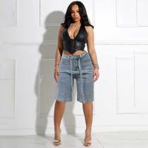 Loose Rhinestones Denim Halft Trousers with Belt