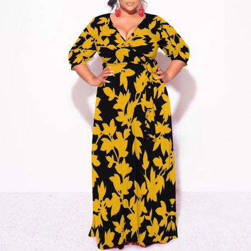 1 Piece Custom Casual Digital Printing V Plus Size Boho Floral Maxi Dress