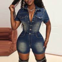 High Elastic Retro Short Sleeve Washed Denim Short Rompers
