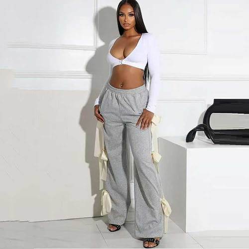 Casual Fashion Bow Tie Solid Color Jogger Trousers