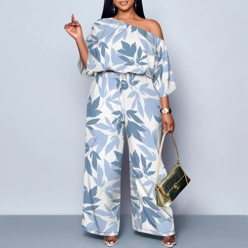 1 Piece Custom Casual Digital Printing Slanted Shoulders Two Piece Pant Set