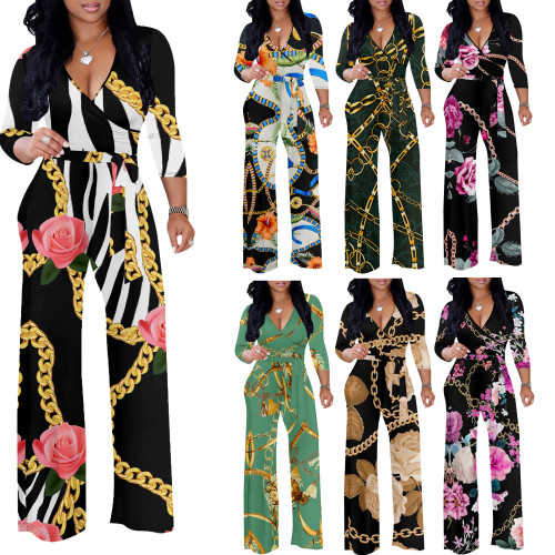 1 Piece Custom Casual Digital Printing V Neck Wide Leg Jumpsuit