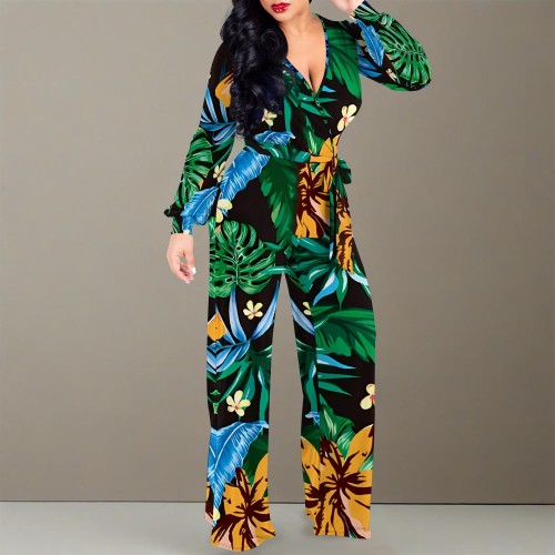 1 Piece Custom Casual Digital Printing V Neck Wide Leg Jumpsuit with Belt