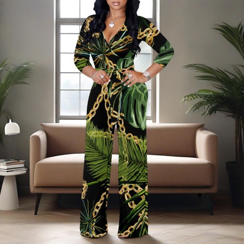 1 Piece Custom Casual Digital Printing V Neck Wide Leg Jumpsuit