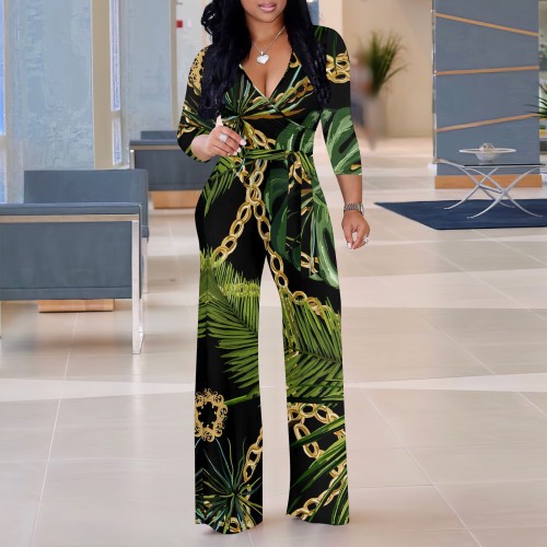 1 Piece Custom Casual Digital Printing V Neck Wide Leg Jumpsuit