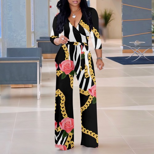 1 Piece Custom Casual Digital Printing V Neck Wide Leg Jumpsuit