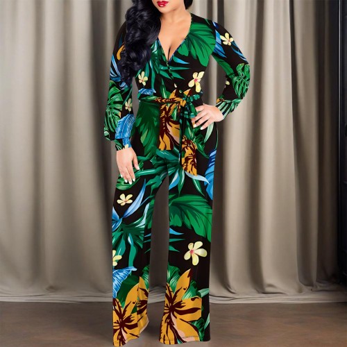1 Piece Custom Casual Digital Printing V Neck Wide Leg Jumpsuit with Belt