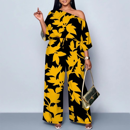 1 Piece Custom Casual Digital Printing Slanted Shoulders Two Piece Pant Set