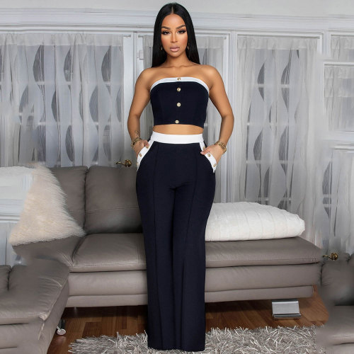 Sexy Color Matching Vest Straight High Waist Wide Leg Women's Trousers