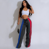 Spliced ​​Striped Contrast Denim Trousers Casual Elastic Straight Jeans