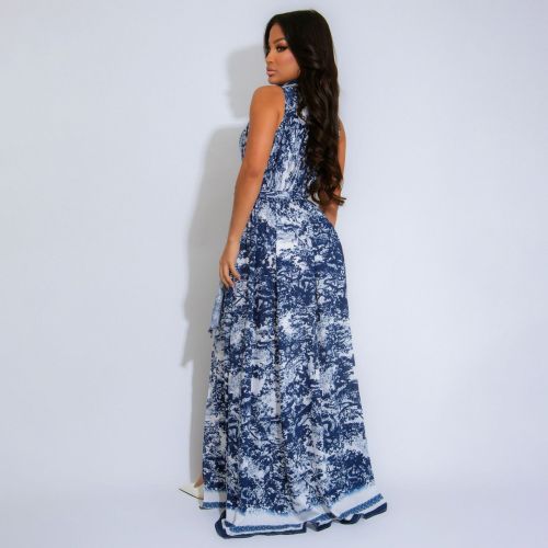 Elegant Bohemia Print Buckle Turndown Collar Long Dresses