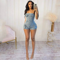 Women Denim Sexy Bodycon Strapless Cargo One Piece Shorts Romper Nightclub