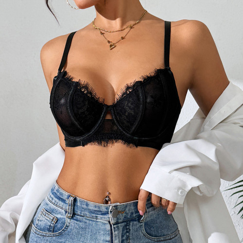 Sexy See-through Lace Eyelash Underwire Bra Underwear Straps Corset