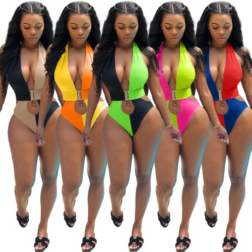 Sexy Backless Halter Stitching One Piece Swimsuit