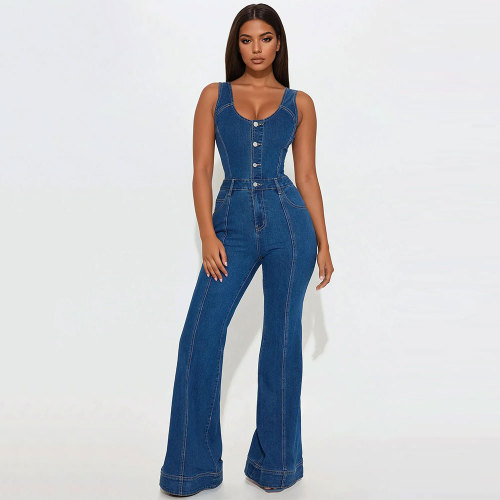 Casual Sleeveless Salopette Woman Denim Jumpsuit