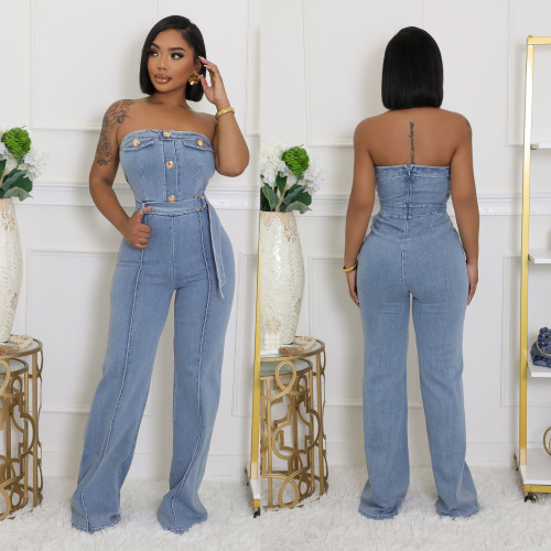 Bandeau Tight Slim Stretch Washed Denim Strapless Wide Leg Jumpsuit