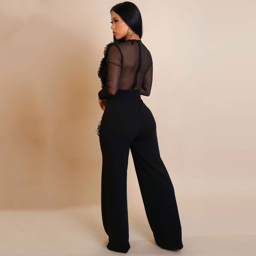 Women Mesh See Through Patchwork Lantern Long Sleeve Ruffles V-Neck Jumpsuits