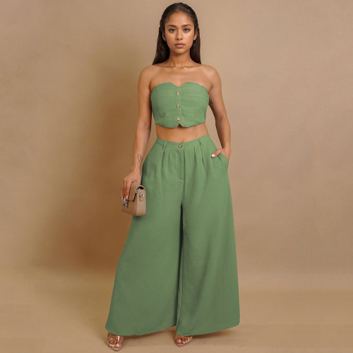 Sexy Elastic Strapless Tube Vest Top & Wide Leg Pants Set