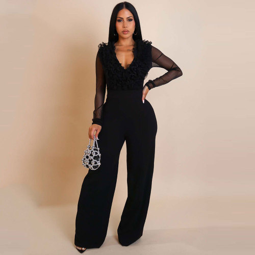 Women Mesh See Through Patchwork Lantern Long Sleeve Ruffles V-Neck Jumpsuits